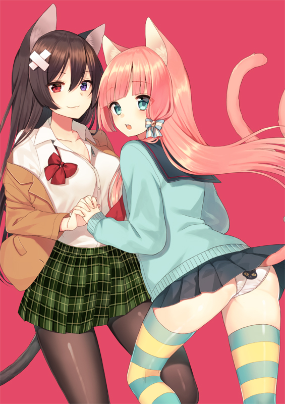 2girls, animal_ears, black_hair, blue_eyes, cat_ears, cat_tail, hair_ornament, heterochromia, ichijou_kokona, interlocked_fingers, long_hair, looking_at_viewer, midorikawa_you, multiple_girls, open_mouth, original, panties, pantyhose, pantyshot, pink_hair, plaid, plaid_skirt, pleated_skirt, revision, school_uniform, serafuku, skirt, striped, striped_legwear, tail, thigh-highs, underwear