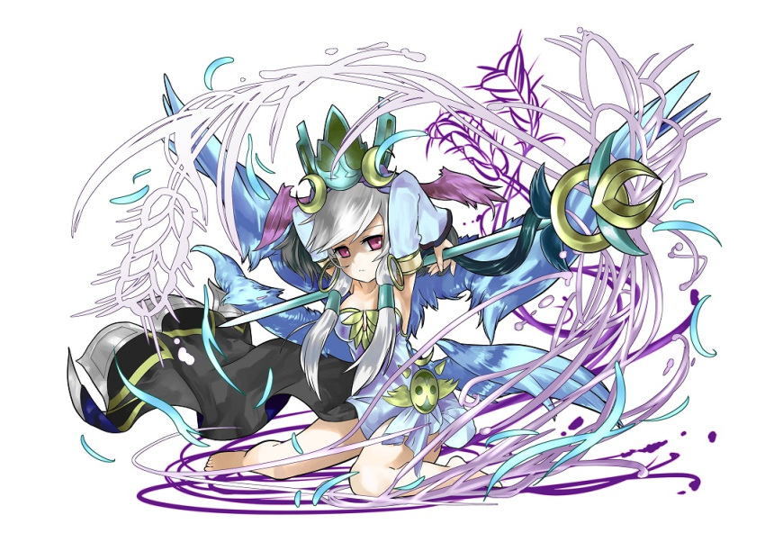 1girl, bare_legs, barefoot, ceres_(p&amp;d), crown, detached_sleeves, dress, kei_(keiclear)