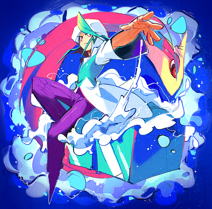 1boy, aqua_hair, blue, male, mikuri_(pokemon), milotic, monoka, pokemon, pokemon_(game), pokemon_oras, red_eyes, water