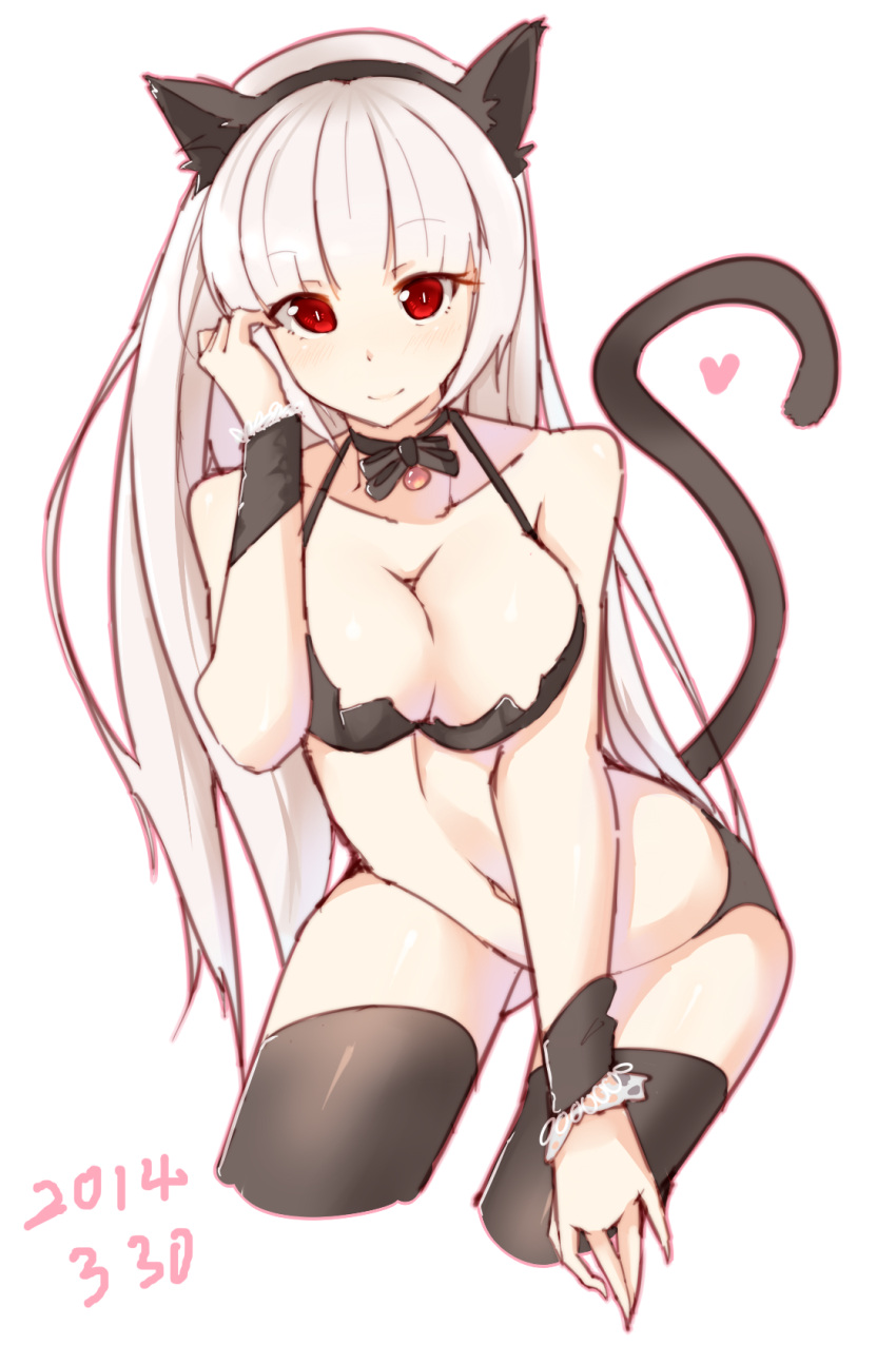 1girl, 2014, adjusting_hair, animal_ears, bra, breast_squeeze, breasts, cat_ears