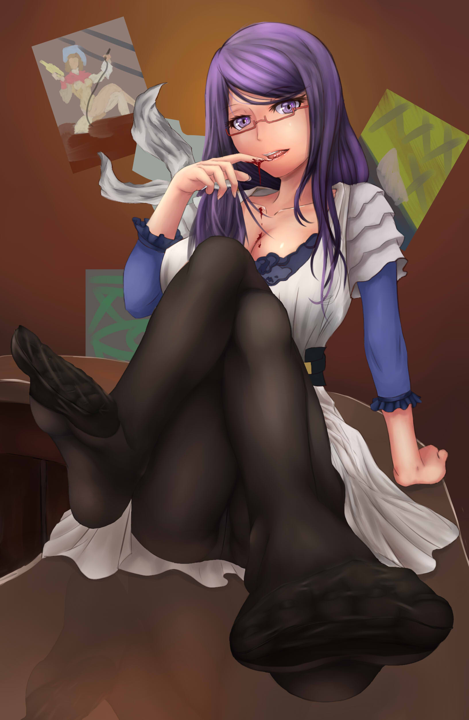 1girl, absurdres, blood, crossed_legs, foreshortening, glasses, hei1905, highres, kamishiro_rize, long_hair, looking_at_viewer, pantyhose, purple_hair, solo, tokyo_ghoul, violet_eyes