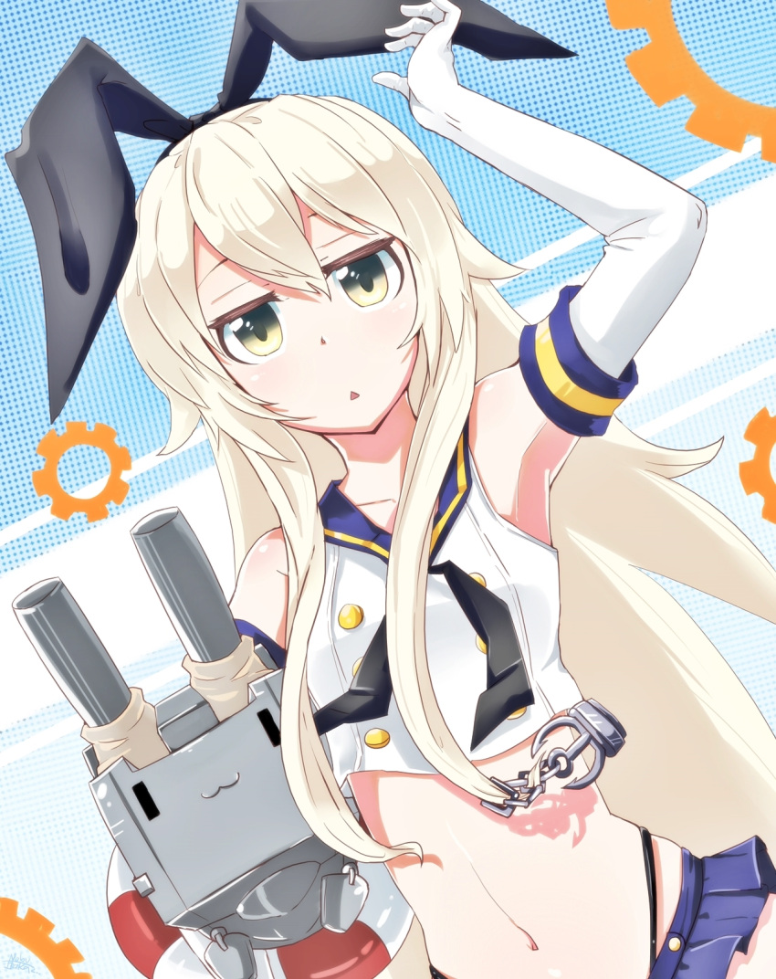 1girl, anchor_hair_ornament, arm_up, black_bow, black_panties, blonde_hair, blue_skirt, bow, brown_eyes, bust, carrying_under_arm, crop_top, dutch_angle, elbow_gloves, gloves, hair_bow, hairband, highleg, highleg_panties, highres, jitome, kantai_collection, long_hair, microskirt, midriff, neckerchief, nobu_baka, panties, pleated_skirt, rensouhou-chan, sailor_collar, shimakaze_(kantai_collection), skirt, triangle_mouth, underwear, white_gloves