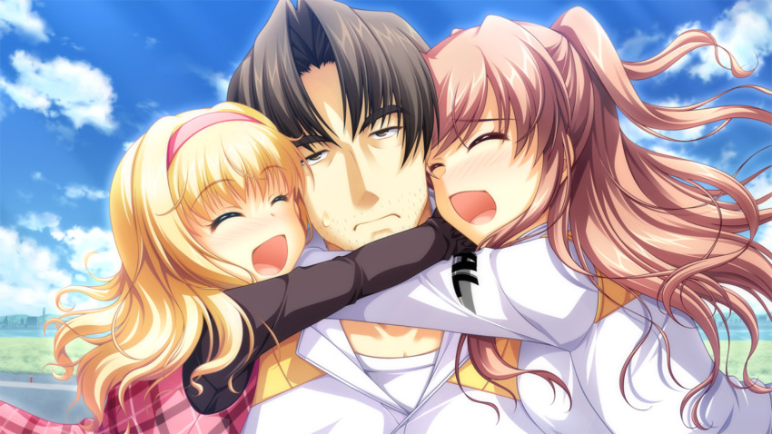 1boy, 2girls, :d, allison_carpenter, annoyed, artemis_blue, asami_asami, blonde_hair