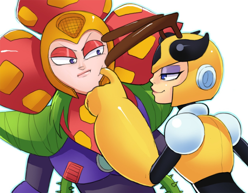 1boy, 1girl, android, antennae, blue_eyes, eyeshadow, g138, helmet, honey_woman, makeup, petals, plant_man, rockman, rockman_(classic), rockman_6, rockman_9, vines