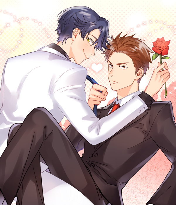 1boy, 1girl, blue_hair, brown_eyes, brown_hair, flower, formal, gekkan_shoujo_nozaki-kun