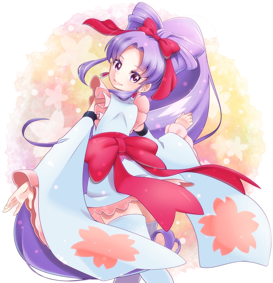 1girl, alternate_form, anmitsu_komachi, bow, cure_fortune, detached_sleeves, earrings, frills, hair_bow, happinesscharge_precure!, hikawa_iona, jewelry, long_hair, looking_back, magical_girl, miniskirt, ponytail, precure, purple_hair, ribbon, skirt, smile, solo, thigh-highs, violet_eyes, white_legwear, yupiteru