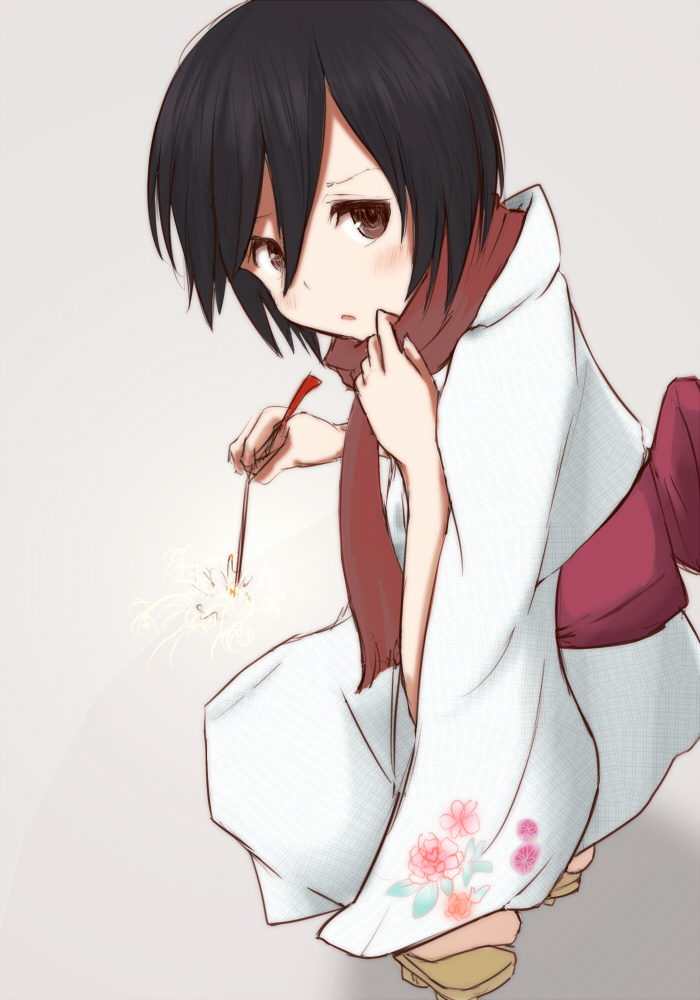 1girl, bangs, black_hair, blush, bow, brown_eyes, fireworks, flower