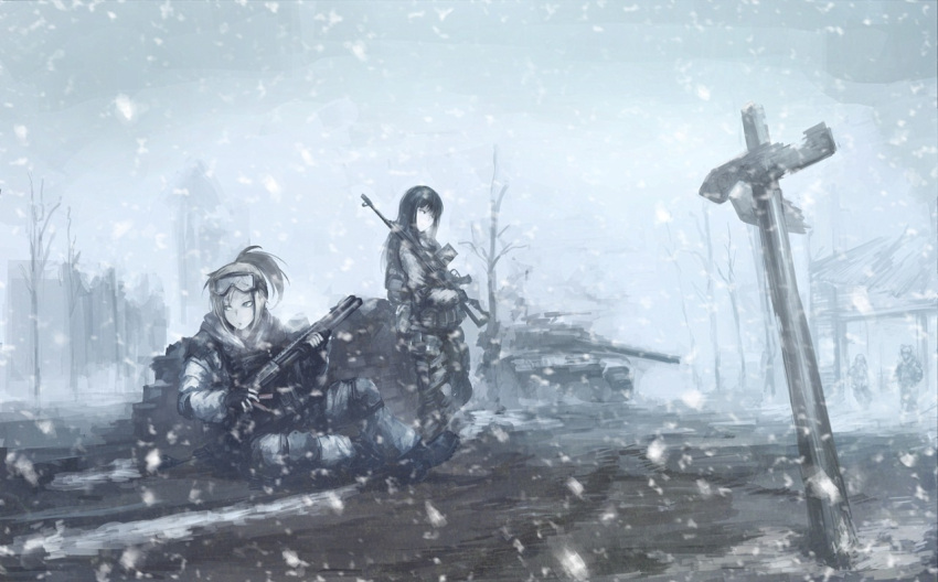 2girls, assault_rifle, between_fingers, boots, cigarette, commentary, fingerless_gloves, gloves