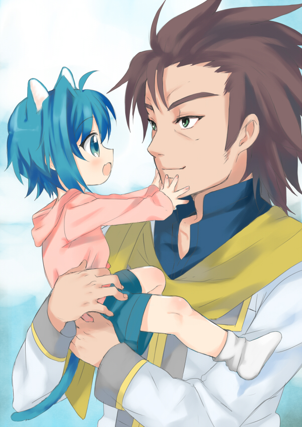 2boys, ahoge, animal_ears, blue_hair, blush, brown_hair, cardfight!!_vanguard, cat_ears, cat_tail, chawanmushi_(ebikamaboko), fang, green_eyes, male, multiple_boys, philippe_neve, sendou_aichi, short_hair, shorts, smile, socks, tail, younger