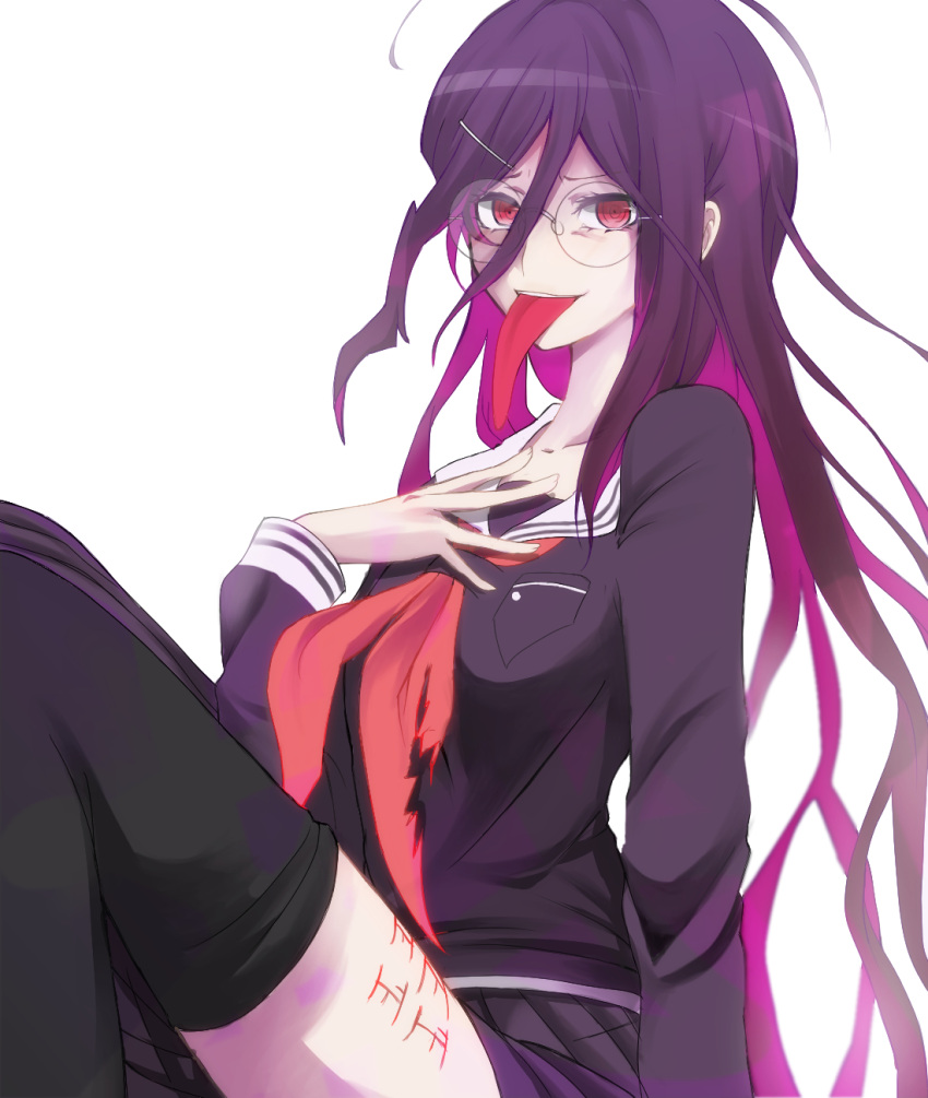 1girl, ahoge, brown_hair, dangan_ronpa, fukawa_toko, genocider_shou, glasses, hair_ornament, hairclip, hand_on_own_chest, highres, long_hair, long_tongue, mauka, red_eyes, round_glasses, school_uniform, serafuku, solo, tally, thigh-highs, tongue, tongue_out, zettai_zetsubou_shoujo