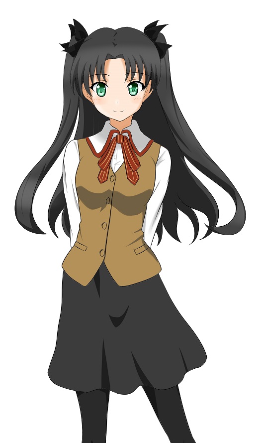 1girl, arms_behind_back, black_hair, black_legwear, blush, collared_shirt, fate/stay_night, fate_(series)