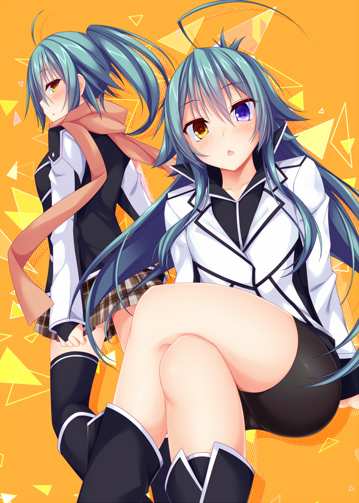 2girls, ahoge, aqua_hair, bike_shorts, black_legwear, blush, chestnut_mouth, crossed_legs