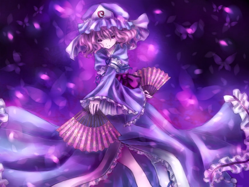 fan, hat, pink_hair, red_eyes, saigyouji_yuyuko, touhou, yuina_(artist)