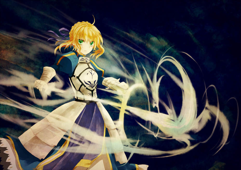 1girl, ahoge, armor, armored_dress, blonde_hair, dress, fate/stay_night, fate_(series)