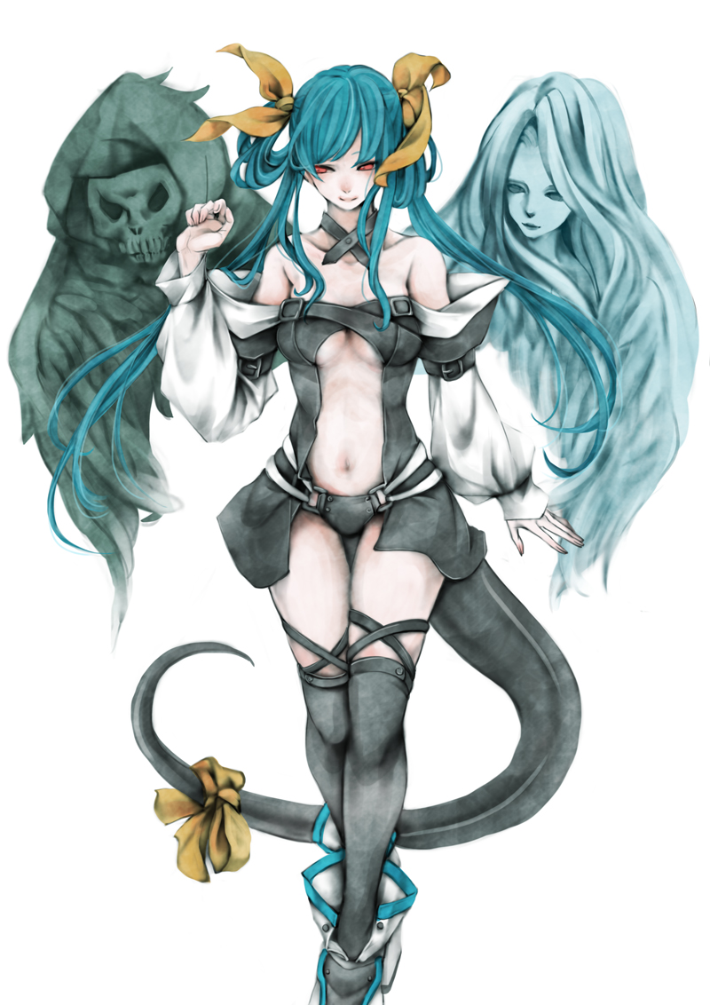 1girl, asymmetrical_wings, bare_shoulders, black_legwear, blue_hair, collarbone, dizzy, guilty_gear