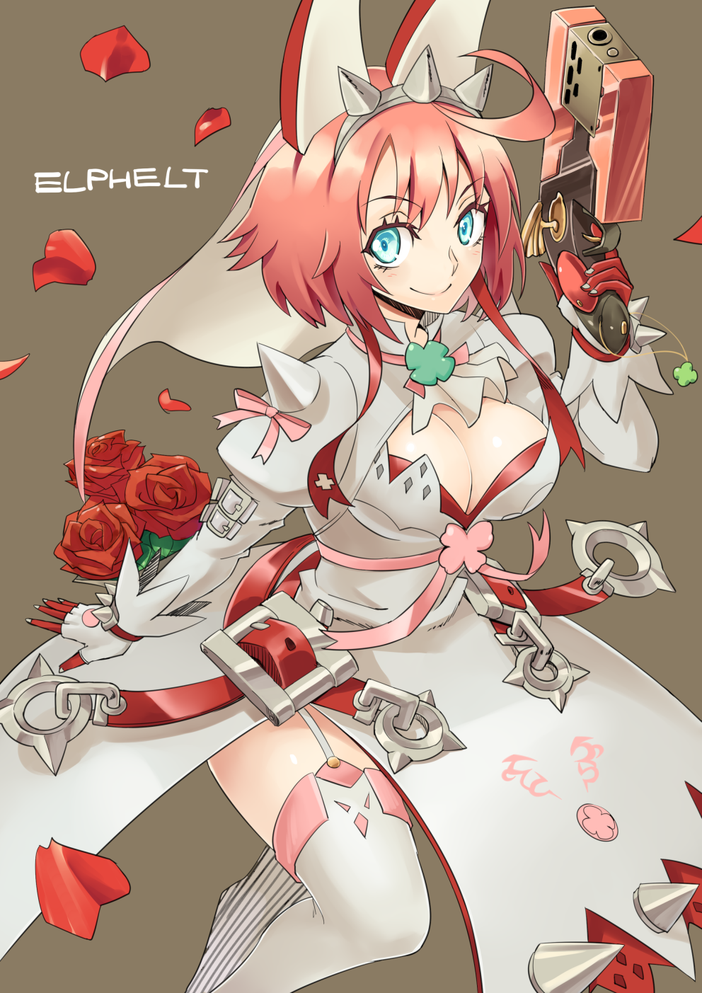 1girl, abe_ranzu, aqua_eyes, breasts, character_name, cleavage, cleavage_cutout, clover, elphelt_valentine, flower, four-leaf_clover, garter_straps, gloves, guilty_gear, guilty_gear_xrd, gun, highres, looking_at_viewer, pink_hair, rose, short_hair, smile, solo, spikes, thigh-highs, veil, weapon, white_legwear
