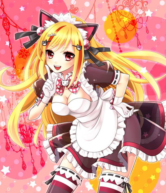 1girl, :d, animal_ears, apron, beatmania, beatmania_iidx, blonde_hair, bow