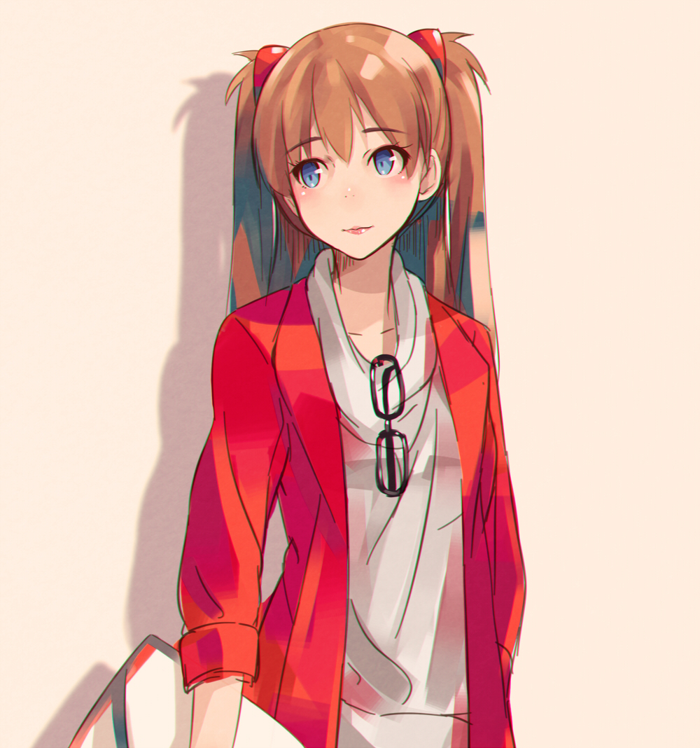 1girl, blue_eyes, brown_hair, casual, collarbone, glasses_on_shirt, hair_ornament, jacket, light_brown_hair, long_hair, long_sleeves, neon_genesis_evangelion, open_clothes, open_jacket, rebuild_of_evangelion, shikinami_asuka_langley, shirt, shuuichi, solo, souryuu_asuka_langley, two_side_up
