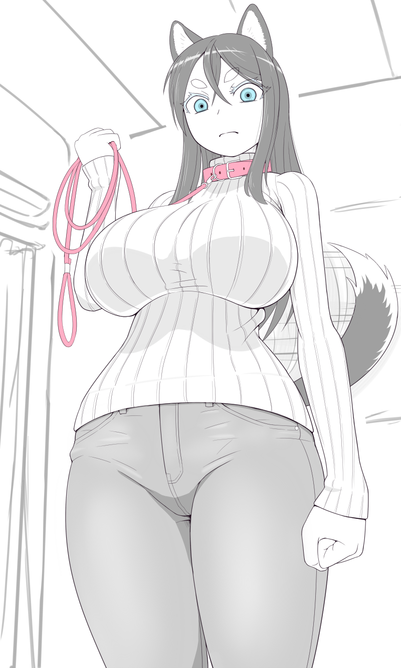 1girl, animal_ears, black_hair, blue_eyes, breasts, character_request, collar, curvy