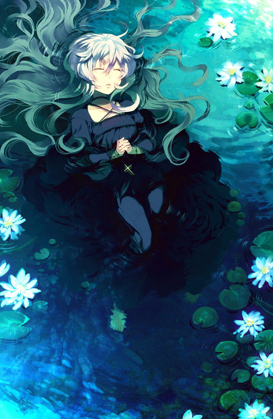 1girl, black_dress, dress, flower, highres, in_water, long_hair, ophelia_(painting)