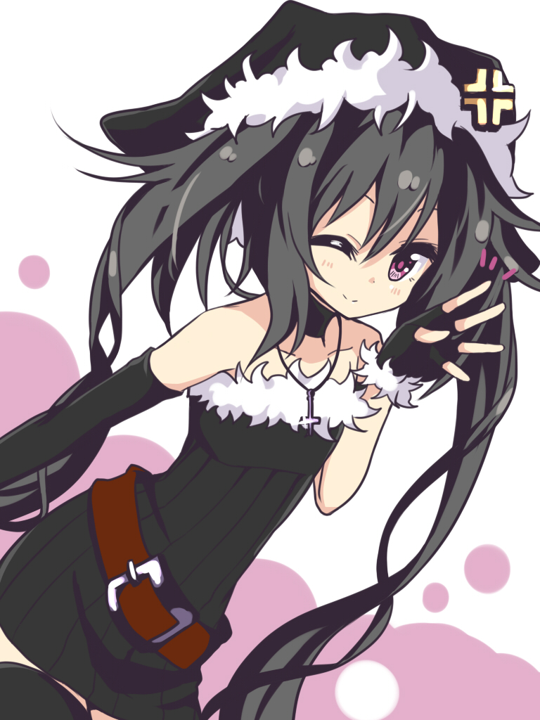 1girl, ;), amano_kouki, bare_shoulders, black_dress, black_gloves, black_hair, choker