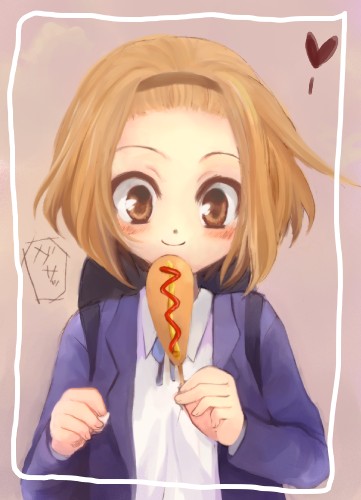 bag, brown_eyes, brown_hair, corndog, hairband, k-on!, lowres, manji_(nanakirio)