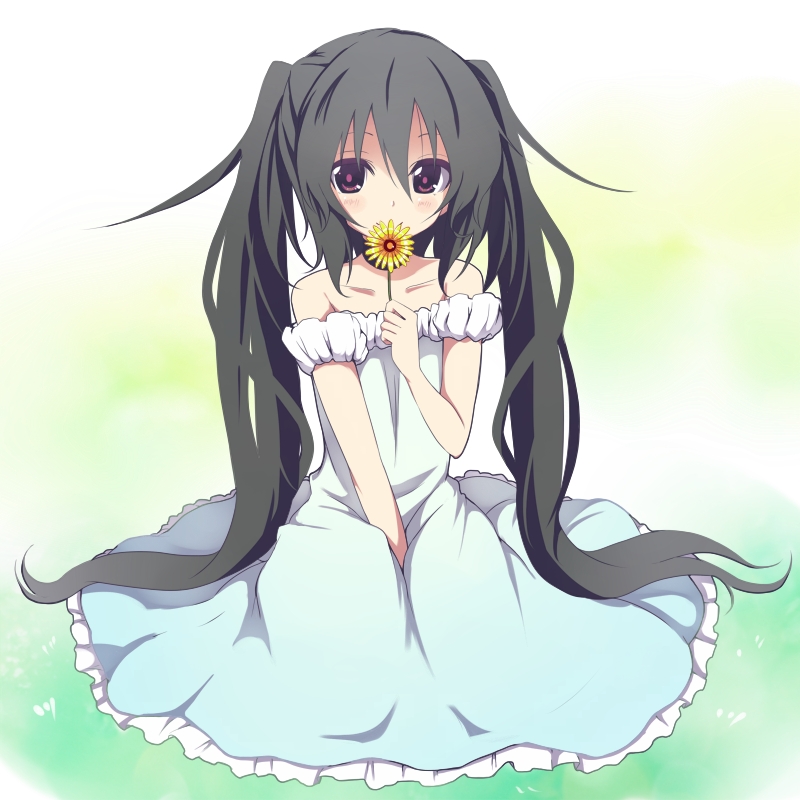 1girl, amano_kouki, bare_shoulders, black_hair, blue_dress, brown_eyes, collarbone, detached_sleeves