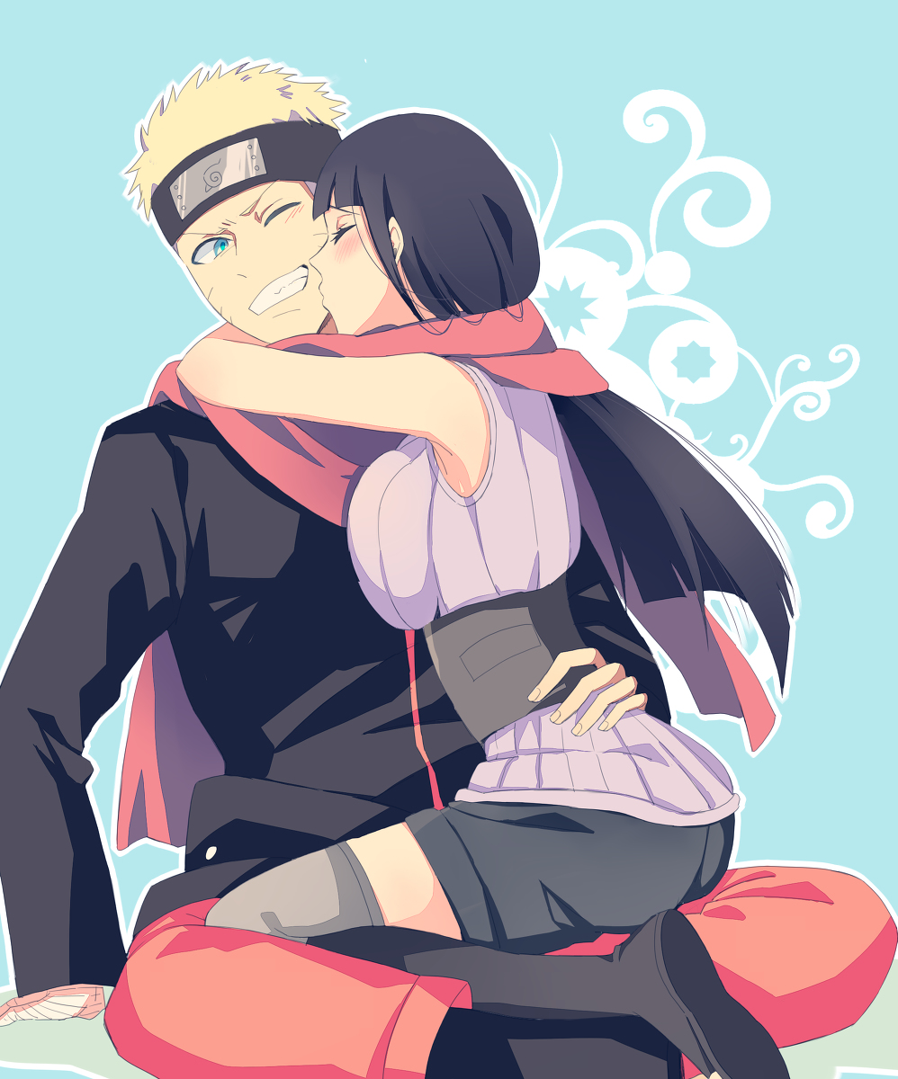1boy, 1girl, arms_around_neck, bandaged_arm, black_hair, blonde_hair, blue_eyes, blush, breast_press, breasts, cheek_kiss, closed_eyes, couple, forehead_protector, grin, hetero, highres, hug, hyuuga_hinata, kiss, kouyou_(12953910), large_breasts, long_hair, naruto, naruto:_the_last, one_eye_closed, scarf, shared_scarf, short_hair, smile, uzumaki_naruto
