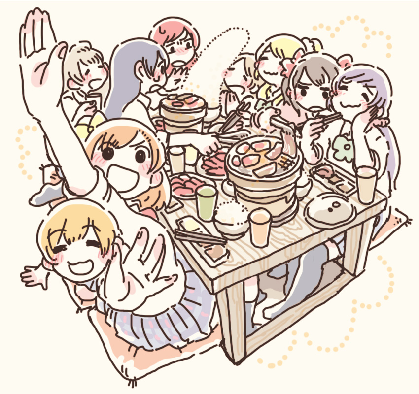6+girls, ayase_eli, black_hair, blonde_hair, blue_hair, blush, bow, brown_hair