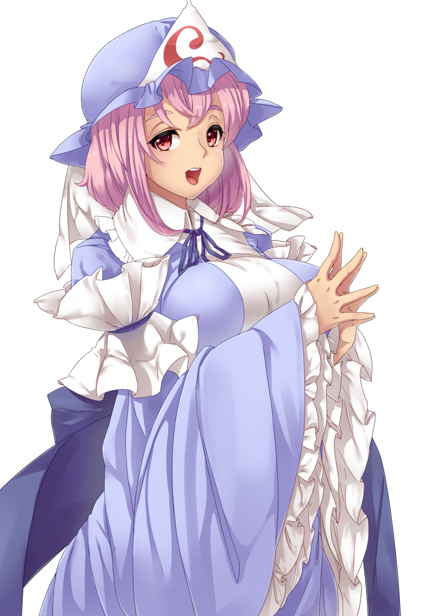 1girl, arm_strap, blue_dress, breasts, dress, hands_together, highres, hinaie_takuya
