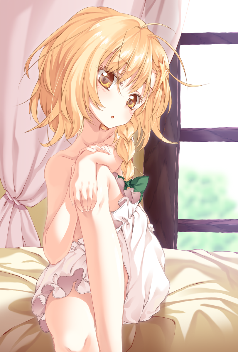 1girl, blonde_hair, bloomers, braid, collarbone, curtains, hand_on_knee, head_tilt