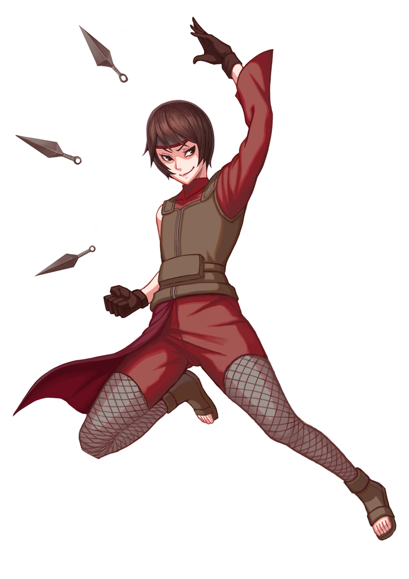 1girl, black_hair, fishnets, gloves, kunai, kurotsuchi_(naruto), leaf98k, naruto, naruto_shippuuden, short_hair, solo, weapon