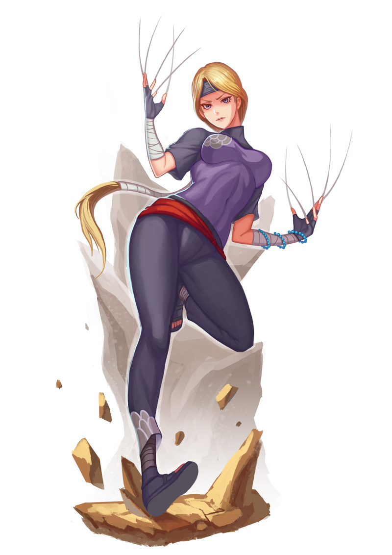 1girl, ankle_wraps, blonde_hair, claws, forehead_protector, headband, leaf98k, long_hair, naruto, naruto_shippuuden, nii_yugito, solo, wrist_wraps
