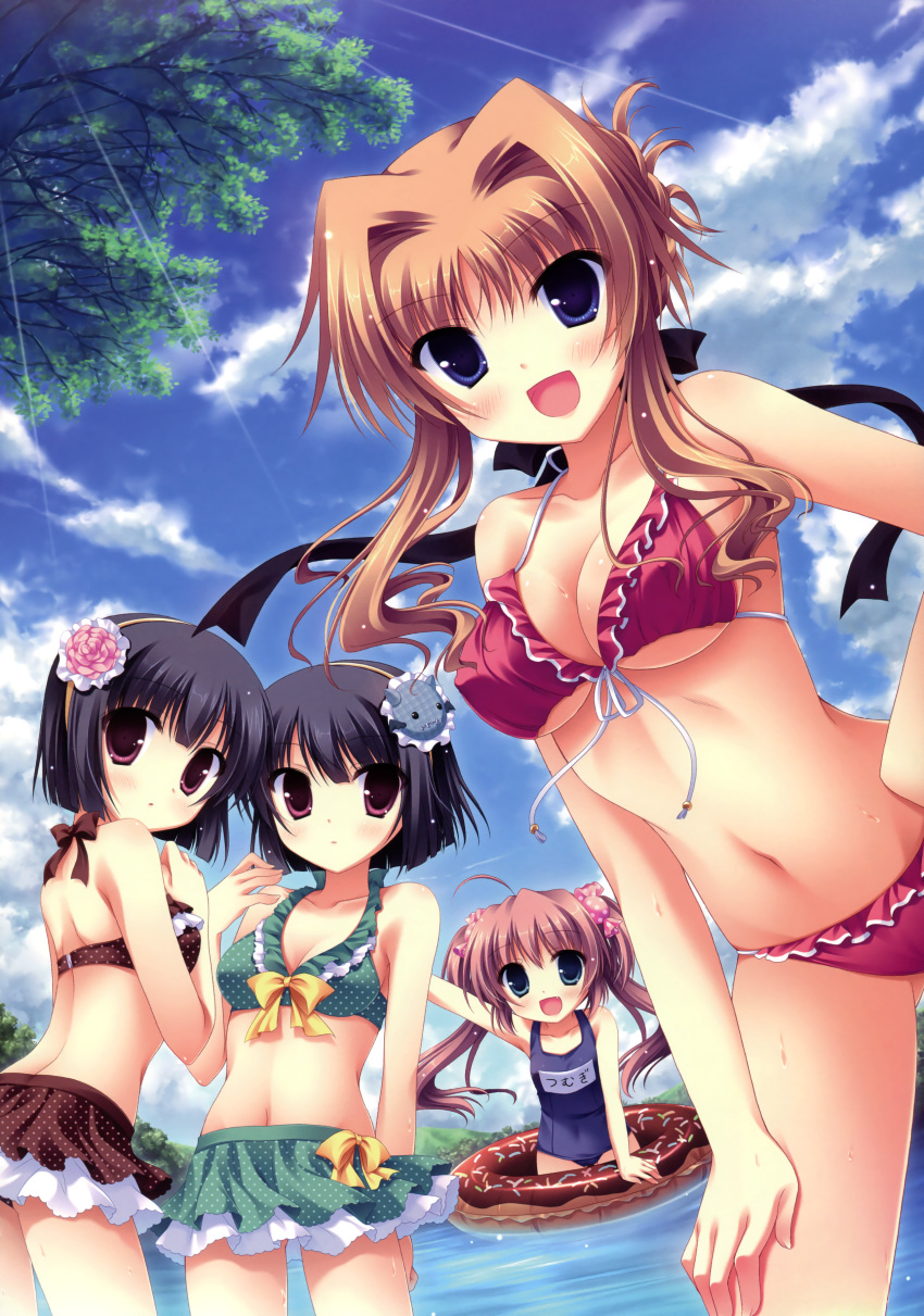 4girls, :d, absurdres, bikini, bikini_skirt, black_hair, blue_eyes, breasts