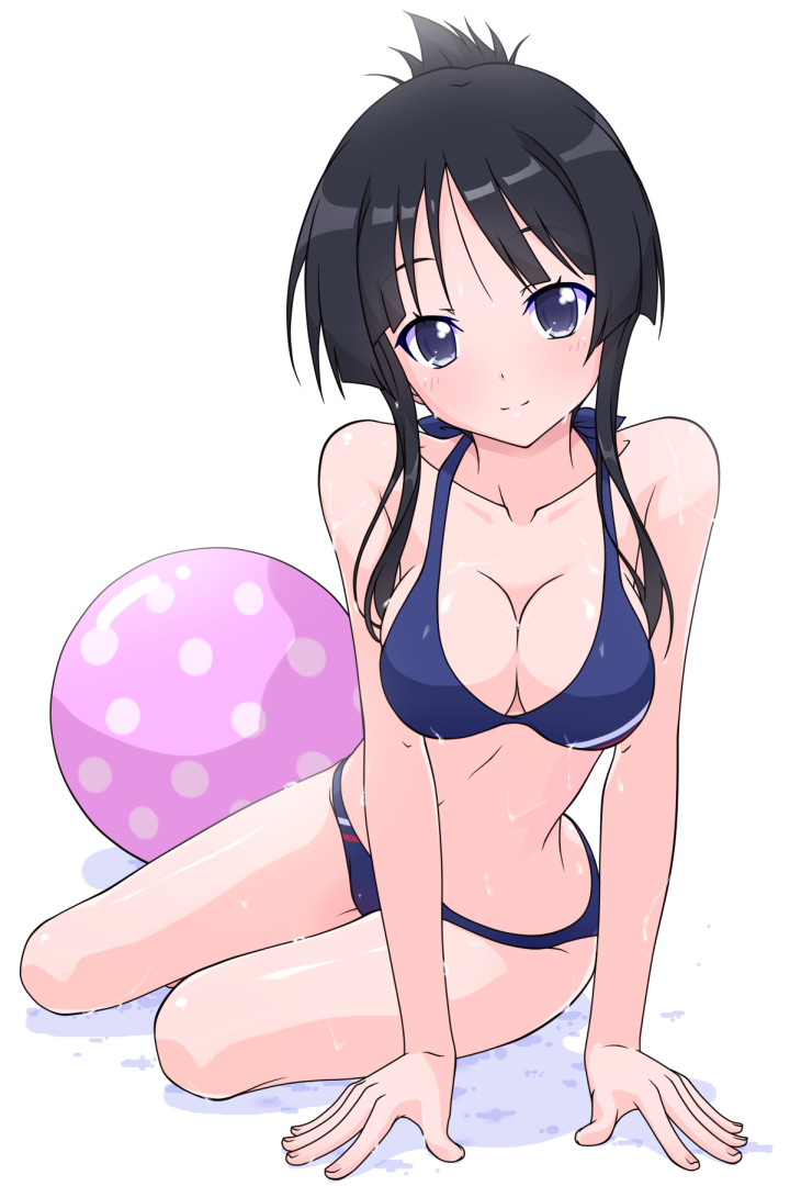 1girl, akiyama_mio, ball, beachball, bikini, black_hair, blue_eyes, breasts