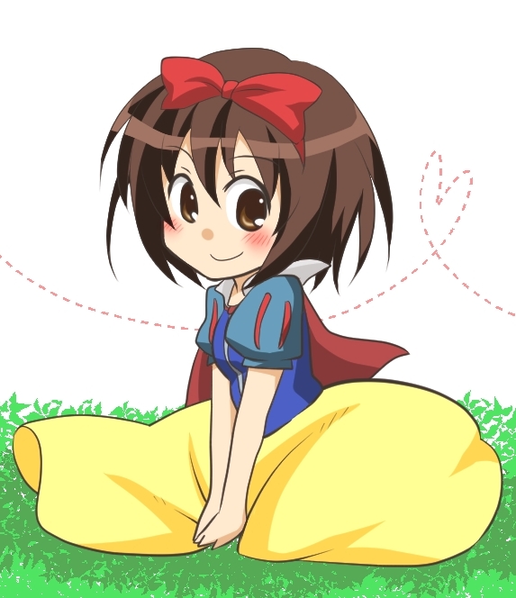 1girl, brown_eyes, brown_hair, cosplay, dress, short_hair, sitting, snow_white