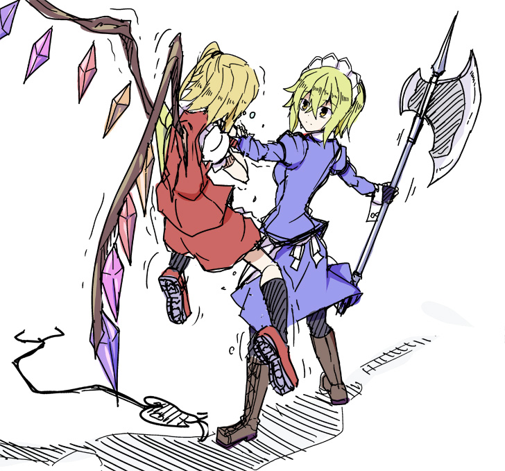2girls, axe, blonde_hair, crystal, fingerless_gloves, flandre_scarlet, gloves, grip