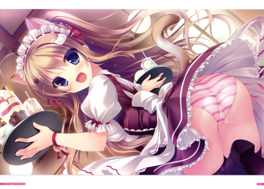 1girl, :d, absurdres, animal_ears, ass, black_legwear, blue_eyes, brown_hair