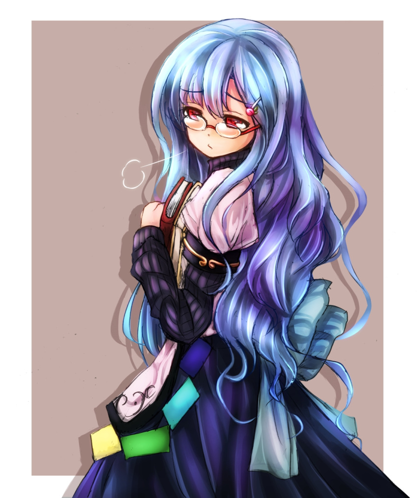 1girl, adapted_costume, bespectacled, blue_hair, book, food, fruit, glasses