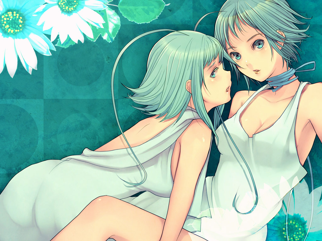 ahoge, dress, flower, green_eyes, green_green_euglena_(vocaloid), green_green_midori-mushi_(vocaloid), green_hair, gumi