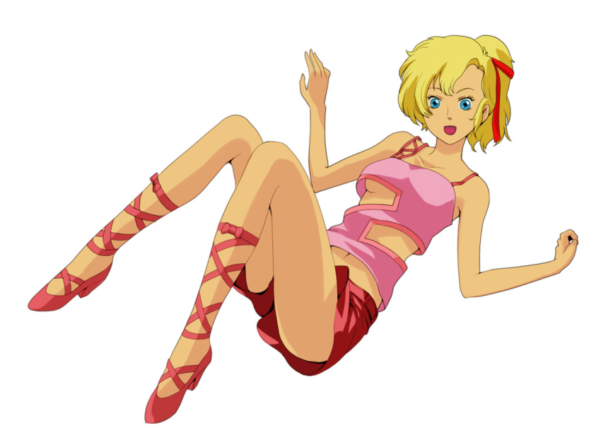 1girl, bare_arms, blonde_hair, blue_eyes, breasts, cross-laced_footwear, elle_vianno, full_body