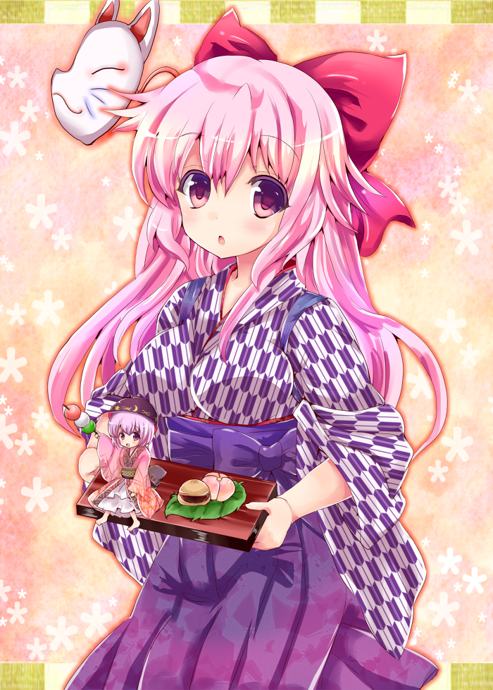 2girls, alternate_costume, blush, bow, bowl, breasts, fox_mask, hair_bow