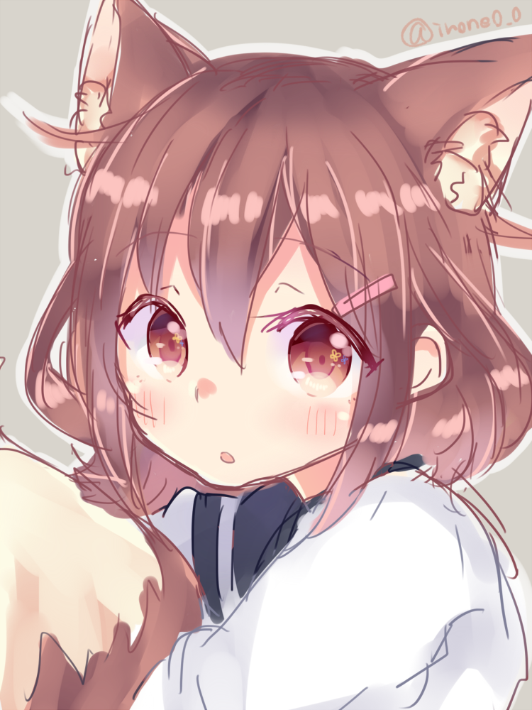 1girl, :o, blush, brown_eyes, brown_hair, grey_background, hair_ornament, hairclip