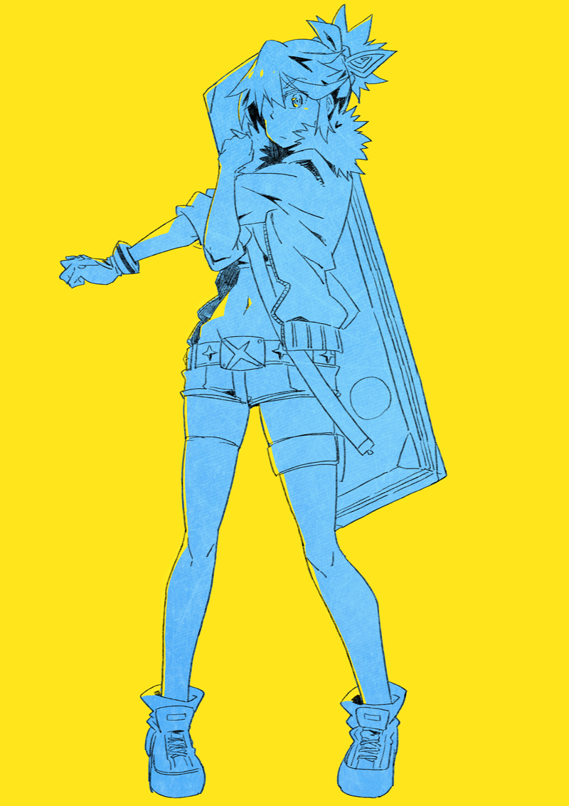 crossover, jacket, kill_la_kill, matoi_ryuuko, midriff, monochrome, shoes, simple_background