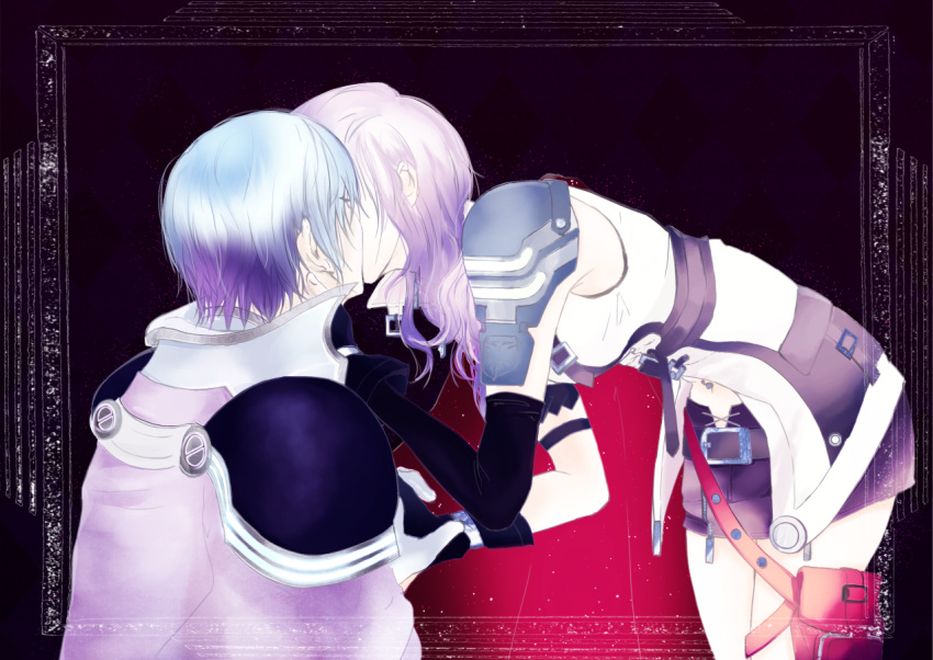1boy, 1girl, armband, belt, black_hair, cape, cid_raines, final_fantasy