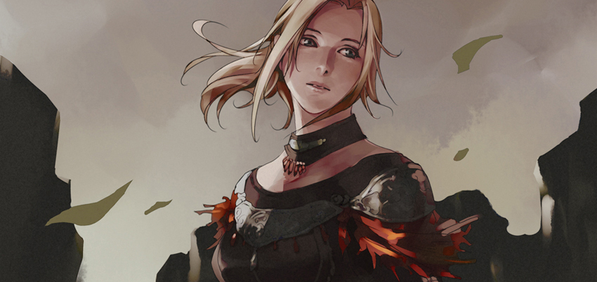 1girl, blonde_hair, blue_eyes, bust, choker, clouds, eriya-j, final_fantasy