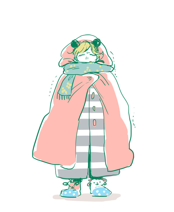 1girl, black_hair, blanket, blonde_hair, coat, double_bun, jojo_no_kimyou_na_bouken, kuujou_jolyne, scarf, slippers, snot, solo, stardust11