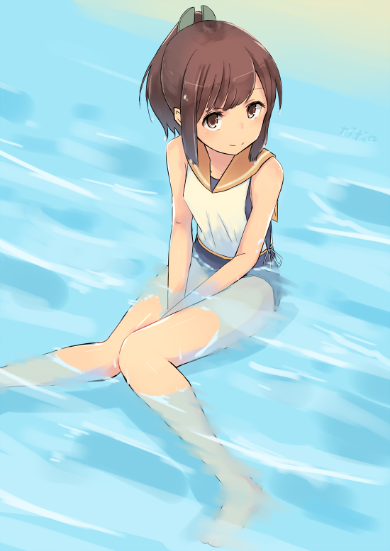 1girl, azu_(azusayumix), barefoot, brown_eyes, brown_hair, i-401_(kantai_collection), kantai_collection, ponytail
