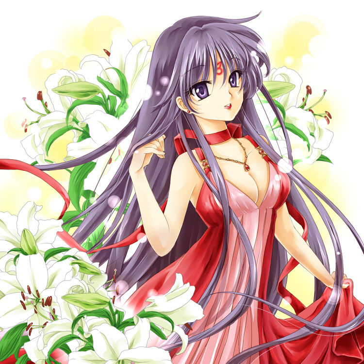 1girl, bishoujo_senshi_sailor_moon, black_hair, breasts, choker, cleavage, dress, facial_mark