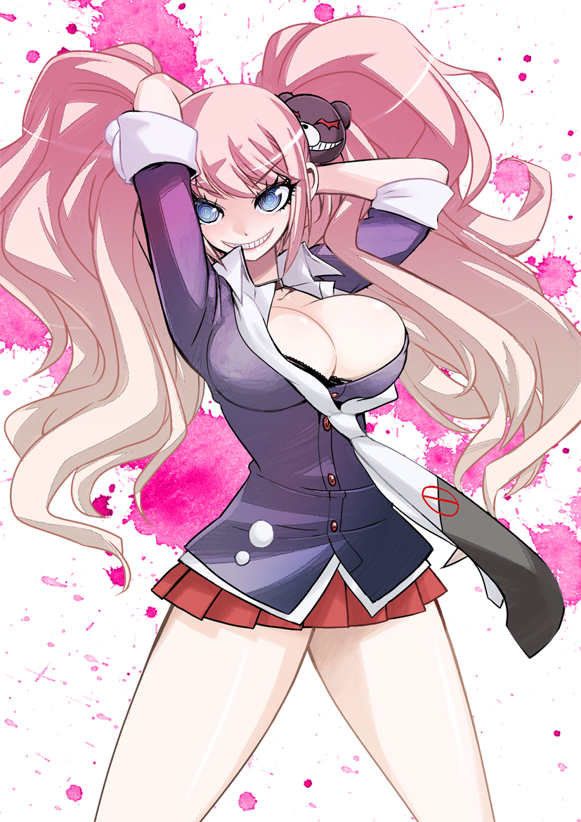 1girl, @_@, black_bra, blonde_hair, bra, breasts, cleavage, dangan_ronpa